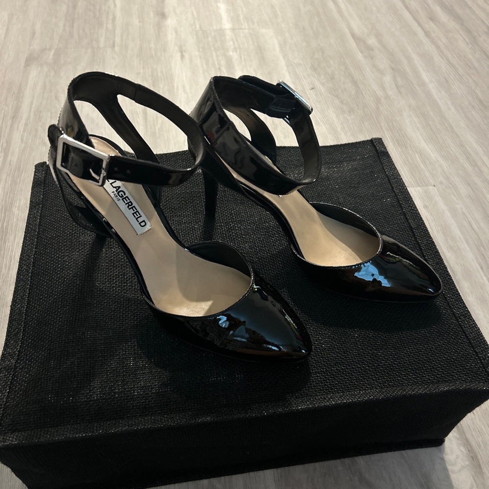 Karl Lagerfeld Black Patent Leather Ankle Strap Heels - Picture 2 of 4